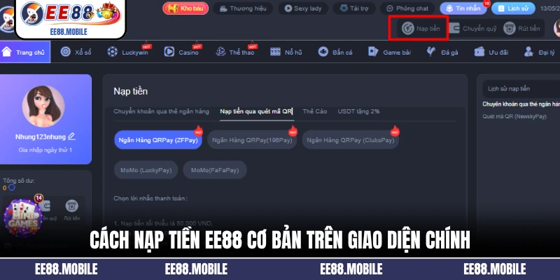 Cách nạp tiền EE88 cơ bản trên giao diện chính