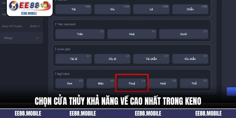 Chọn cửa Thủy khả năng về cao nhất trong Keno